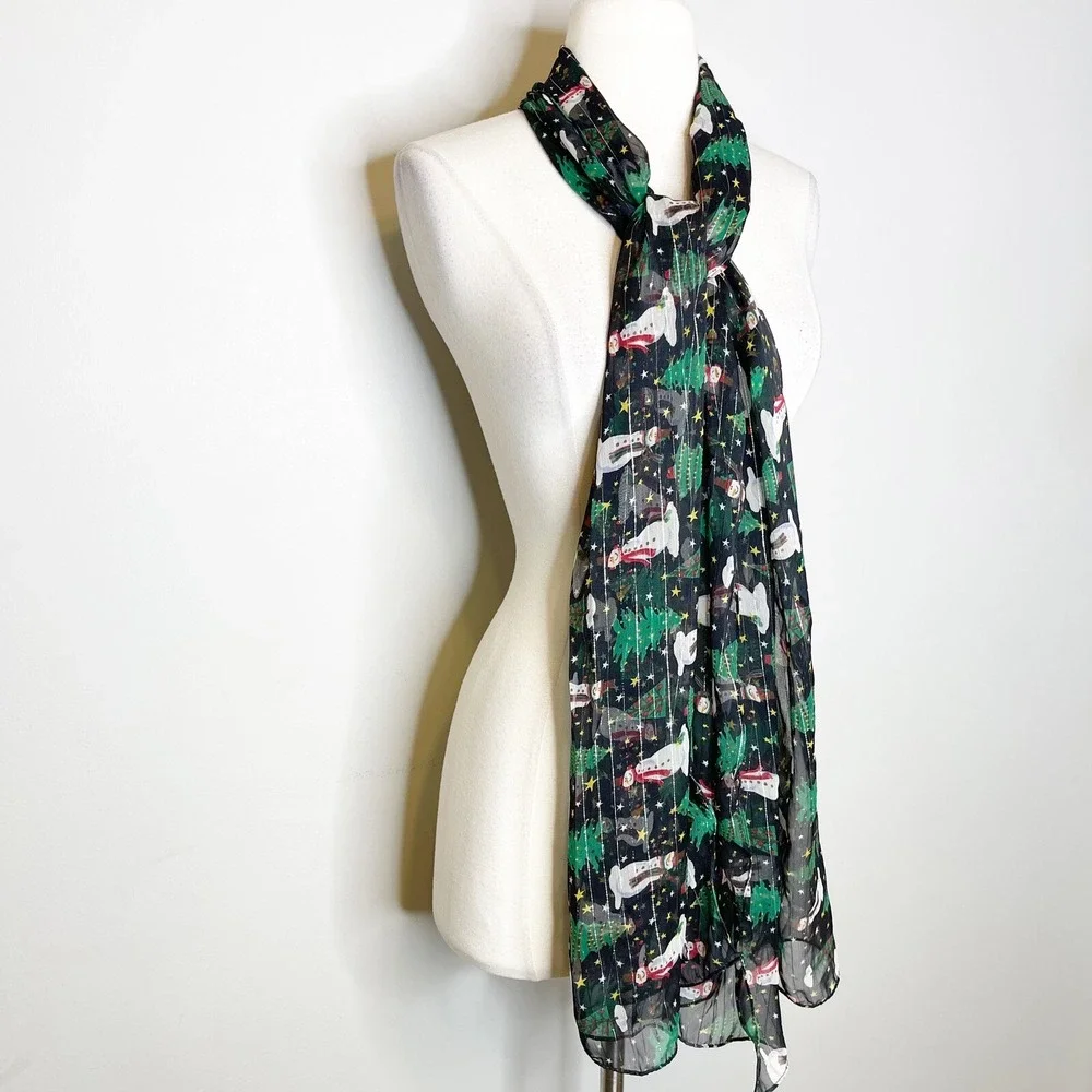 NEW Cejon Holiday Scarf Christmas Tree Snowman Black Sheer Metallic Chiffon